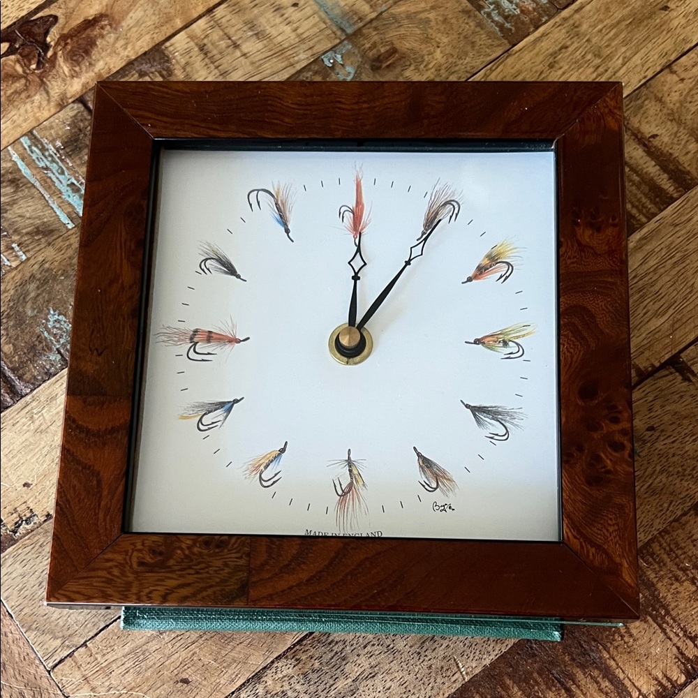 Bryn Parry Vintage Desk Clock with Fly Fishing Lures Design England